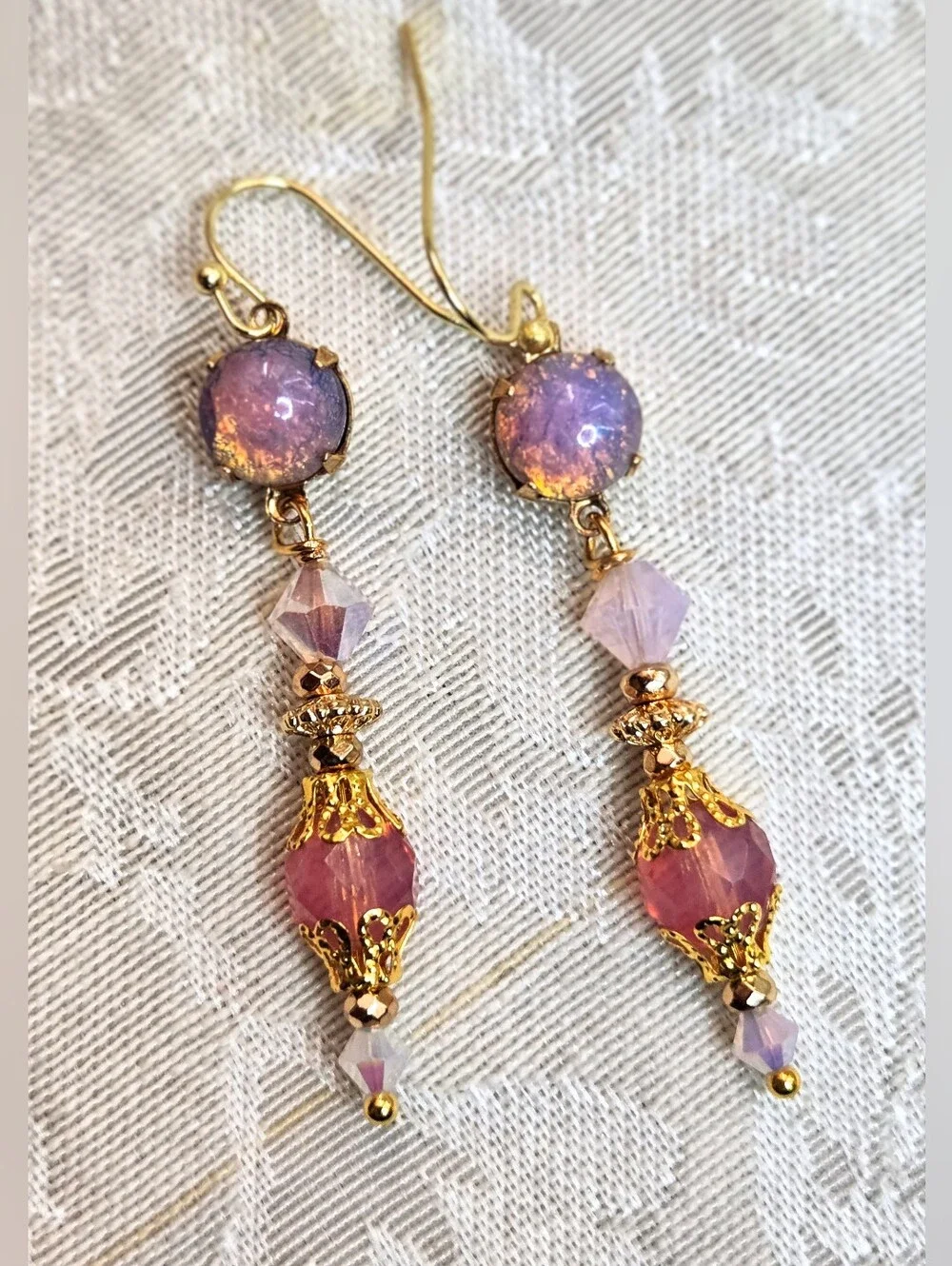 Victorian Delicate & Dainty Pink Opal Swarovski & Glass In Gold Plated Earrings